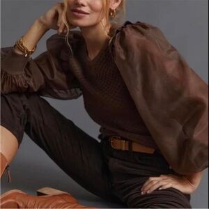 NWOT Anthropologie brown knit sweater with puff sleeves